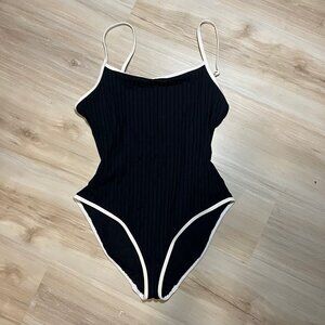 Aerie Ribbed Scoop Back One Piece Swimsuit Women's M Black White